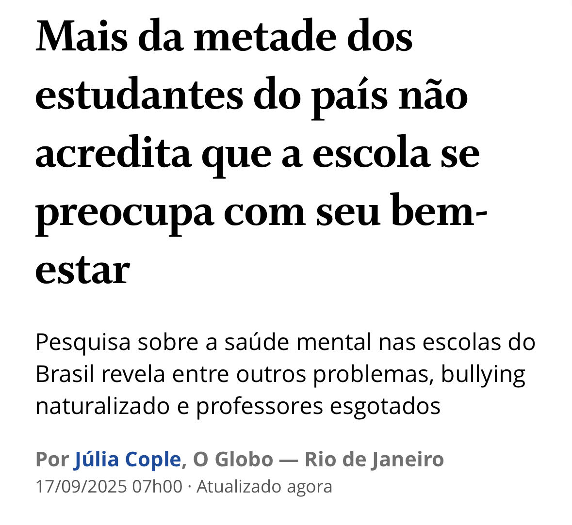 Iniciativas do Colégio Sidarta com foco em saúde mental são destaque em O Globo